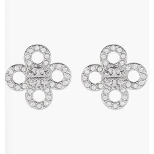 NEW Tory Burch Small Kira Pave Clover Stud Earrings Light Hematite Crystal Logo